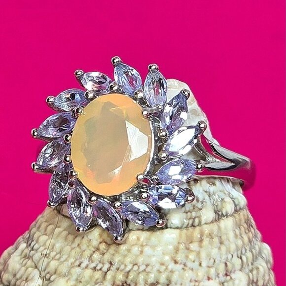 925 Sterling Silver Ring Sz 8 with Natural White Opal 8x10mm with Tanzanite Gems - Picture 1 of 9